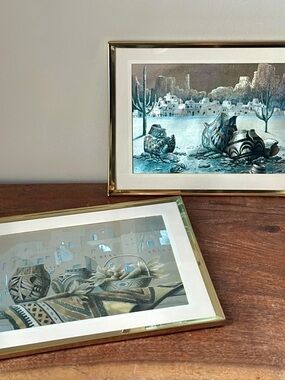 Southwestern Wall Art Set Metallic Etched Foil Adobe T. Coleman Gold Frame Boho
